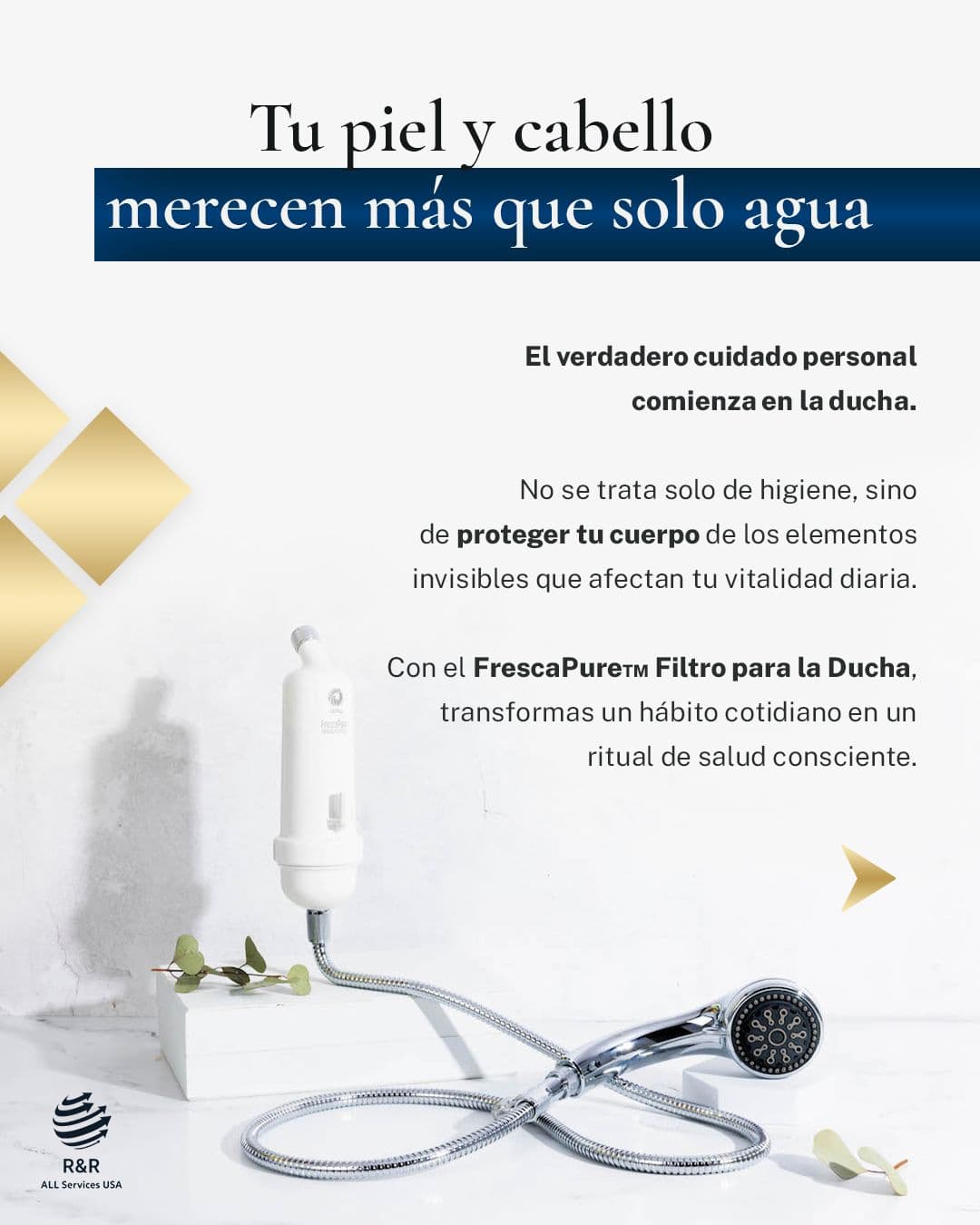 FrescaPure™ Shower Filter presentado como ritual de cuidado personal