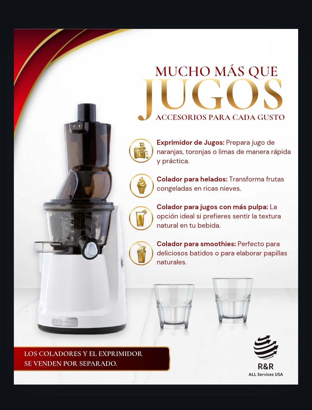 Accesorios del extractor: coladores para helados, pulpa y smoothies